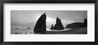 Silhouette of seastacks at sunset, Olympic National Park, Washington State (black and white) Framed Print