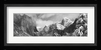 Black and white view of Mountains and waterfall in snow, El Capitan, Yosemite National Park, California Fine Art Print