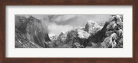 Black and white view of Mountains and waterfall in snow, El Capitan, Yosemite National Park, California Fine Art Print