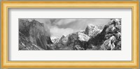 Black and white view of Mountains and waterfall in snow, El Capitan, Yosemite National Park, California Fine Art Print