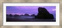 Silhouette of rock formations in the sea against a pink sky, Myers Creek Beach, Oregon Fine Art Print