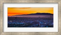 Buildings in a city with mountain range in the background, Santa Monica Mountains, Los Angeles, California, USA Fine Art Print