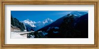Bridge through Snowcapped mountain range, Valais Canton, Switzerland Fine Art Print
