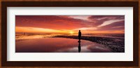 Silhouette of human sculpture on the beach at sunset, Another Place, Crosby Beach, Merseyside, England Fine Art Print