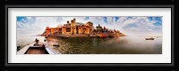 Buildings at riverbank viewed from a boat, Ganges River, Varanasi, Uttar Pradesh, India Fine Art Print