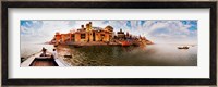 Buildings at riverbank viewed from a boat, Ganges River, Varanasi, Uttar Pradesh, India Fine Art Print