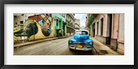 Old car and a mural on a street, Havana, Cuba Fine Art Print