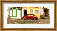 Small old red car parked in front of colorful building, Pelourinho, Salvador, Bahia, Brazil Fine Art Print