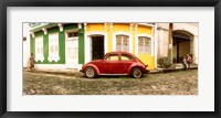 Small old red car parked in front of colorful building, Pelourinho, Salvador, Bahia, Brazil Fine Art Print