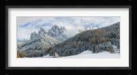 Little church at the snowy valley in winter, St Johann Church, Val di Funes, Dolomites, Italy Fine Art Print