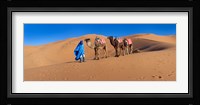 Tuareg man leading camel train in desert, Erg Chebbi Dunes, Sahara Desert, Morocco Fine Art Print