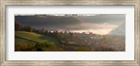 Misty morning valley with village, Uley, Gloucestershire, England Fine Art Print