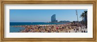 Tourists on the beach with W Barcelona hotel in the background, Barceloneta Beach, Barcelona, Catalonia, Spain Fine Art Print