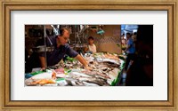 Fishmonger at a fish stall, La Boqueria Market, Ciutat Vella, Barcelona, Catalonia, Spain Fine Art Print