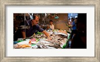 Fishmonger at a fish stall, La Boqueria Market, Ciutat Vella, Barcelona, Catalonia, Spain Fine Art Print