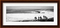 Silhouette of surfers standing on the beach, Australia (black and white) Fine Art Print