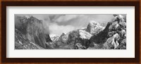 Black and white view of Mountains and waterfall in snow, El Capitan, Yosemite National Park, California Fine Art Print