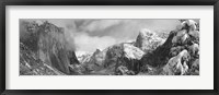 Black and white view of Mountains and waterfall in snow, El Capitan, Yosemite National Park, California Fine Art Print