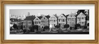 Black and white view of The Seven Sisters, Painted Ladies, Alamo Square, San Francisco, California Fine Art Print