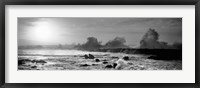 Waves breaking on rocks in the ocean in black and white, Oahu, Hawaii Framed Print