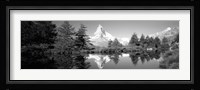 Reflection of trees and mountain in a lake, Matterhorn, Switzerland (black and white) Fine Art Print