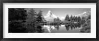 Reflection of trees and mountain in a lake, Matterhorn, Switzerland (black and white) Fine Art Print
