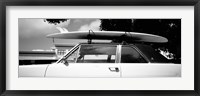 California, Surf board on roof of car (black and white) Fine Art Print