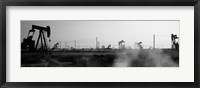 Oil drills in a field, Maricopa, Kern County, California (black and white) Fine Art Print