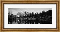 Reflection of trees and mountains in a lake, Mount Shuksan, North Cascades National Park, Washington State (black and white) Fine Art Print