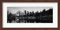Reflection of trees and mountains in a lake, Mount Shuksan, North Cascades National Park, Washington State (black and white) Fine Art Print