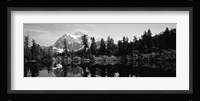 Reflection of trees and mountains in a lake, Mount Shuksan, North Cascades National Park, Washington State (black and white) Framed Print