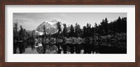 Reflection of trees and mountains in a lake, Mount Shuksan, North Cascades National Park, Washington State (black and white) Fine Art Print