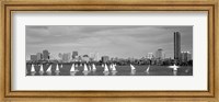 Black and white view of boats on a river by a city, Charles River,  Boston Fine Art Print