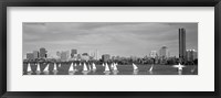 Black and white view of boats on a river by a city, Charles River,  Boston Fine Art Print