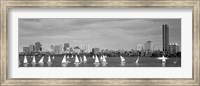 Black and white view of boats on a river by a city, Charles River,  Boston Fine Art Print