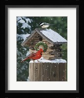 Cardinal / Chickadee In Snow Fine Art Print