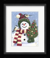 Snowman Holding A Christmas Tree Fine Art Print