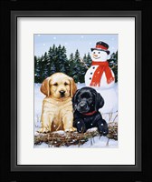 Lab Puppies With Snowman Fine Art Print