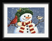 Snowman With Cardinal And Chickadee Fine Art Print