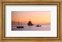 Tugboat with a trawler and a tall ship in the Baie de Douarnenez at sunrise, Finistere, Brittany, France Fine Art Print