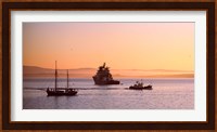 Tugboat with a trawler and a tall ship in the Baie de Douarnenez at sunrise, Finistere, Brittany, France Fine Art Print
