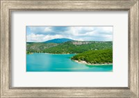 Lake with mountain in the background, Lake of Sainte-Croix, Var, Provence-Alpes-Cote d'Azur, France Fine Art Print