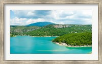 Lake with mountain in the background, Lake of Sainte-Croix, Var, Provence-Alpes-Cote d'Azur, France Fine Art Print