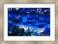 High angle view of old town buildings at night, Passau, Bavaria, Germany Fine Art Print