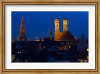 Town hall with a church at night, Munich Cathedral, New Town Hall, Munich, Bavaria, Germany Fine Art Print