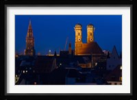 Town hall with a church at night, Munich Cathedral, New Town Hall, Munich, Bavaria, Germany Fine Art Print