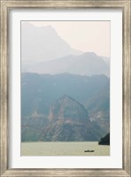 Boat in the river with foggy mountains in the background, Xiling Gorge, Yangtze River, Hubei Province, China Fine Art Print