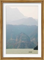 Boat in the river with foggy mountains in the background, Xiling Gorge, Yangtze River, Hubei Province, China Fine Art Print