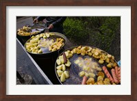 Vendor selling deep fried potatoes and sausages at a sidewalk food stall, Old Town, Dali, Yunnan Province, China Fine Art Print