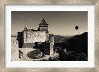 Chateau de Castelnaud with hot air balloon flying over a valley, Castelnaud-la-Chapelle, Dordogne, Aquitaine, France Fine Art Print